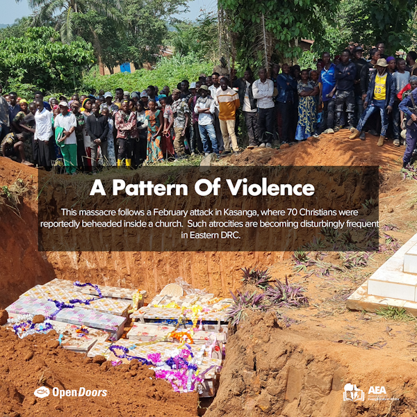 opendoorssa's tweet photo. On 27 July, militants attacked a prayer vigil in Komanda, DRC, killing 49 Christians (incl. 9 children) and abducting 20. Months earlier, 70 were beheaded in Kasanga. Violence is escalating. Pray, share, and stand with the Church. #PrayForDRC #PersecutedChurch https://t.co/f85LRiH9Mn
