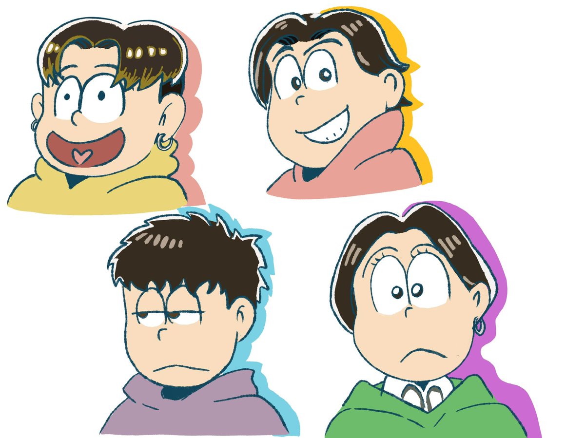 好きなおそ松さんのダンスでたくさん見ていただいてうれしい〜
今までのシーズン六周ぐらいしてるぐらい好きなアニメ！

結構前に自分の兄弟をおそ松さん風に描いてたのを載せときます

左から　次男　(十四松風) 長男(おそ松風)
三男(一松風)長女(チョロ松風)

#おそ松さん