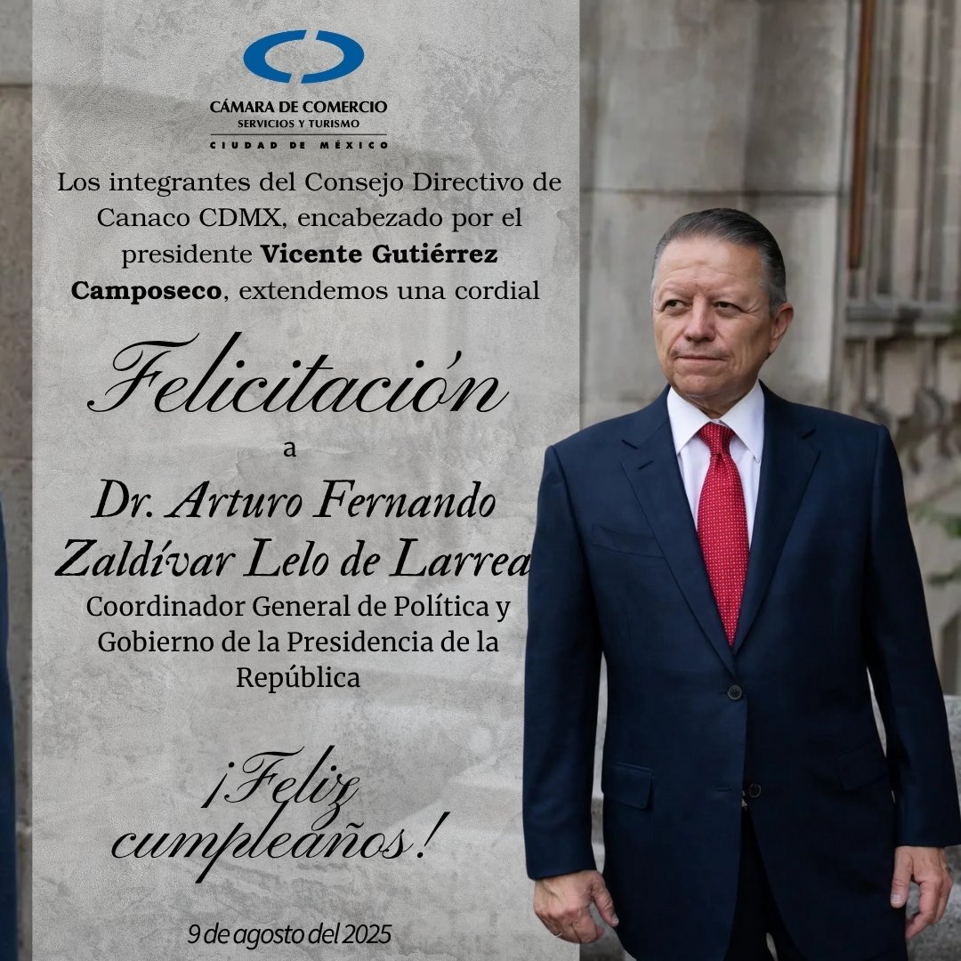 Desde la #CanacoCdmx enviamos una cordial felicitación al Dr. <a href="/ArturoZaldivarL/">Arturo Zaldívar</a> , por la celebración de su cumpleaños. 
¡Muchas felicidades!