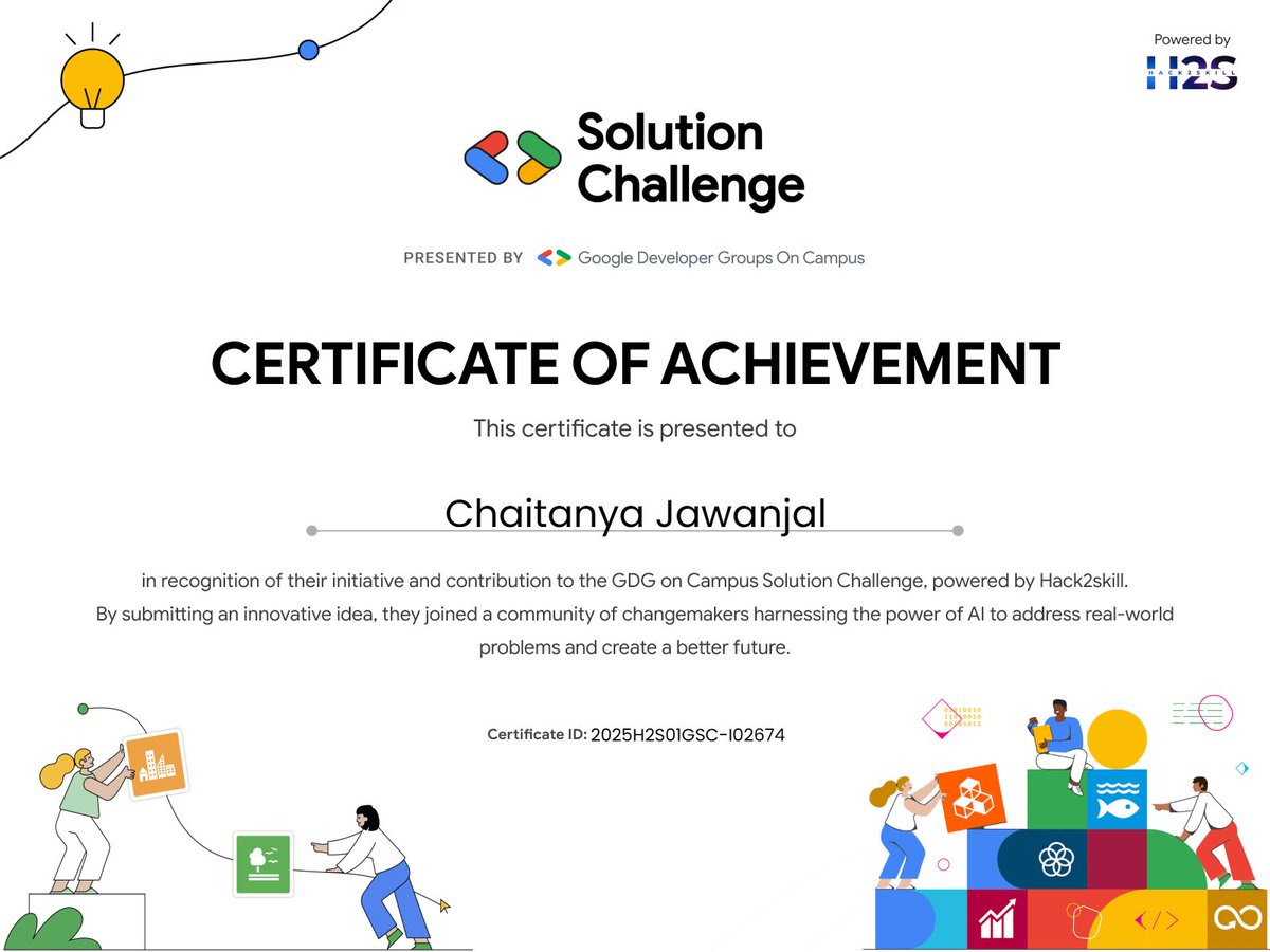 ChaitanyaJ92's tweet image. Thrilled to share that I’ve received the Certificate of Achievement for contributing to the GDG on Campus Solution Challenge powered by Hack2skill 🚀
Proud to be part of a community harnessing AI to solve real-world problems and create a better future 🌍✨
#SolutionChallenge