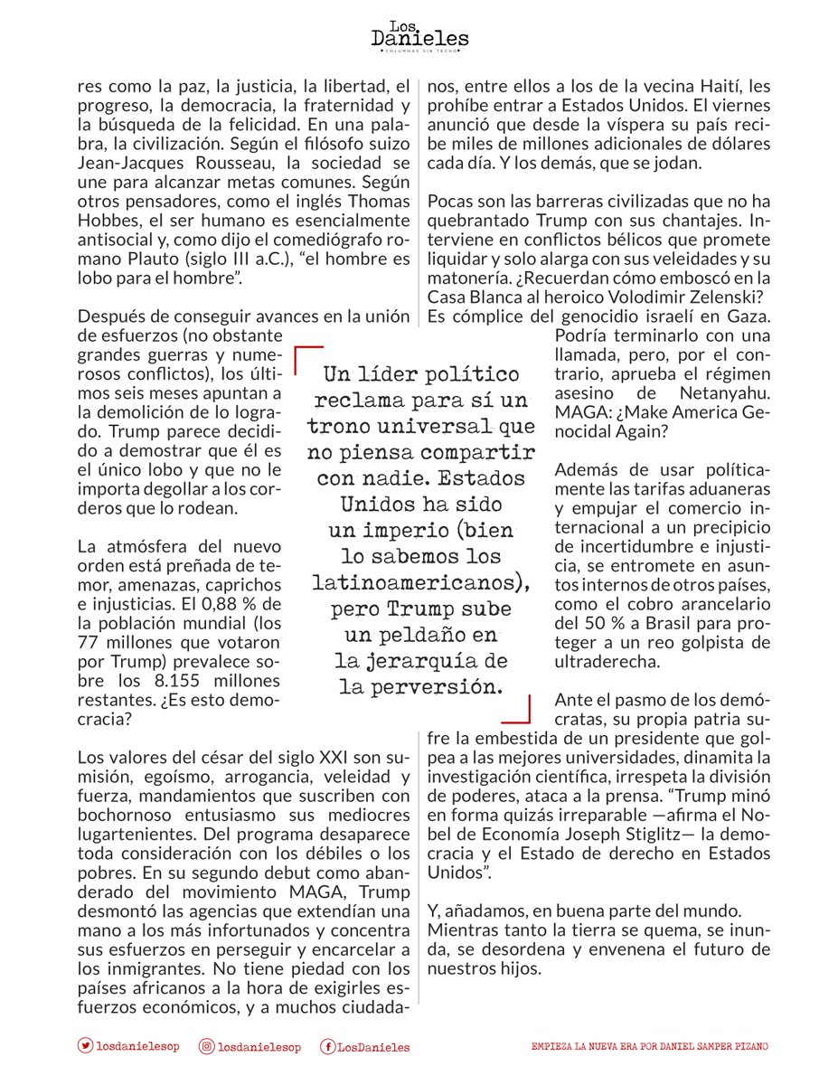 Cesar Marulanda ◯ (@cesarusa5) on Twitter photo #EmpiezaLaNuevaEra por <a href="/DanielSamperPi/">Daniel Samper Pizano</a> Era una claudicación histórica: el rompimiento de una vieja y eficaz llave y la irrupción de una dictadura internacional. Trump repitió por enésima vez que Europa tradicionalmente había robado a Estados Unidos. #LosDanieles <a href="/losdanieles/">Los Danieles</a> #EmpiezaLaNuevaEra por <a href="/DanielSamperPi/">Daniel Samper Pizano</a> Era una claudicación histórica: el rompimiento de una vieja y eficaz llave y la irrupción de una dictadura internacional. Trump repitió por enésima vez que Europa tradicionalmente había robado a Estados Unidos. #LosDanieles <a href="/losdanieles/">Los Danieles</a>