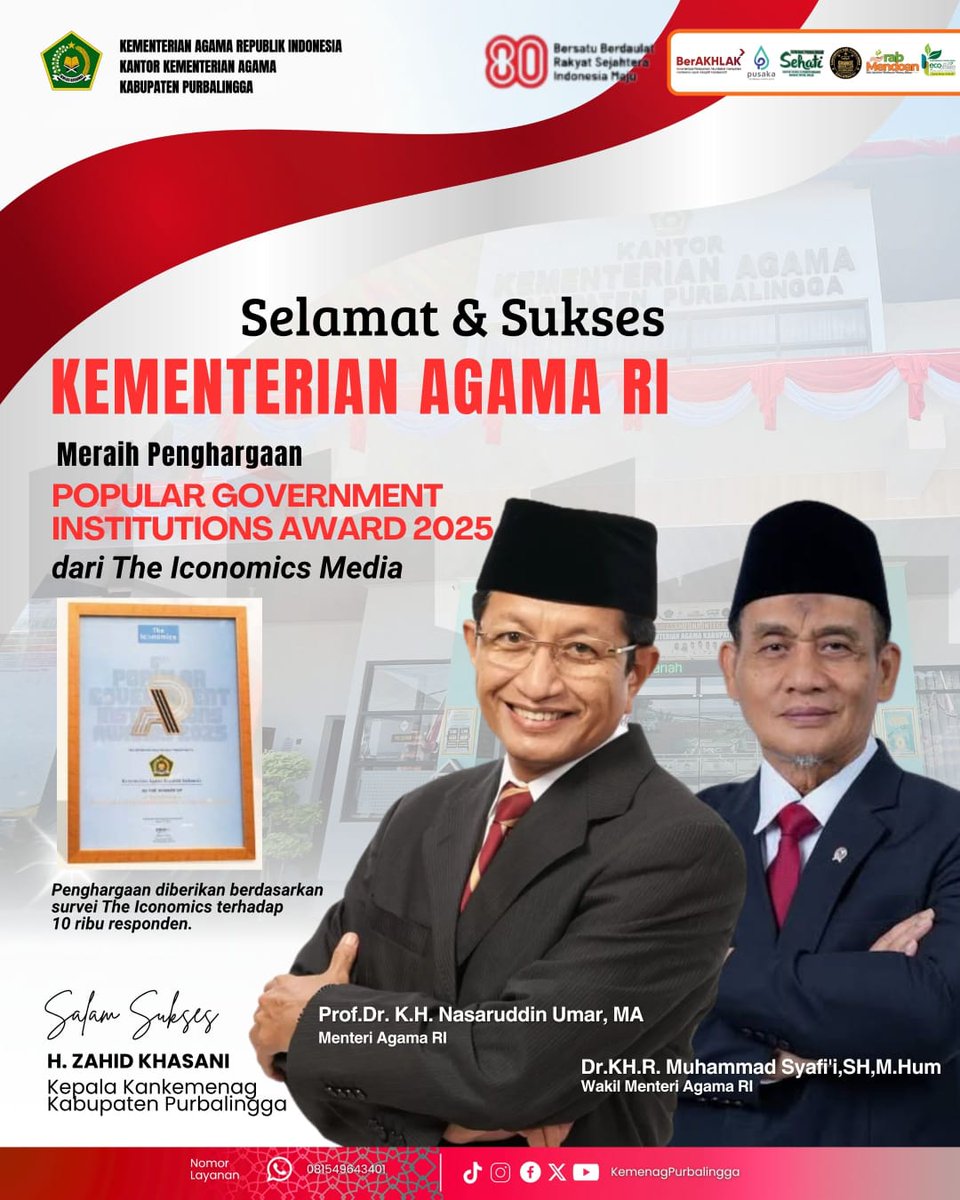 KemenagNews's tweet image. Selamat dan sukses untuk Kementerian Agama RI yang meraih Popular Government Institutions Award 2025 dari The Iconomics Media 
#KemenagRI
#Imagebuilding 
#penghargaan