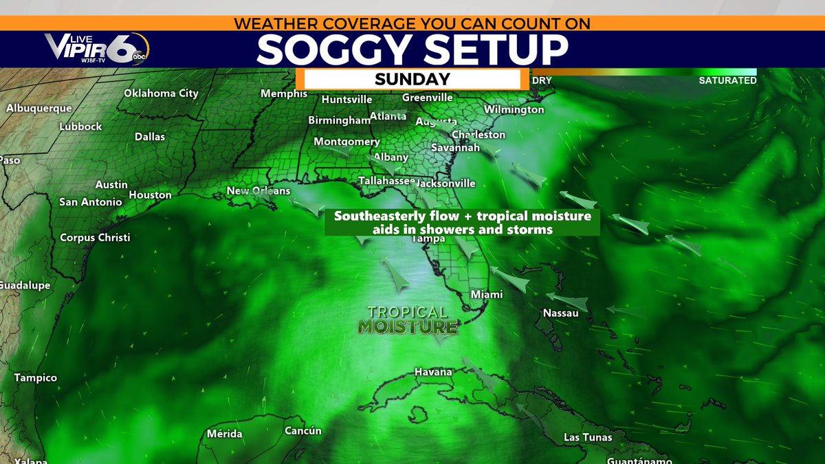 millerhyattwx's tweet image. SOGGY SETUP: Winds from the SE will pump in deep tropical moisture on Sunday. Combine that with an approaching surface trough and some upper-level energy, and we’re set for numerous showers and a few rumbles of thunder. Flooding is possible. #augustaga #AikenSC #gawx #scwx #CSRA