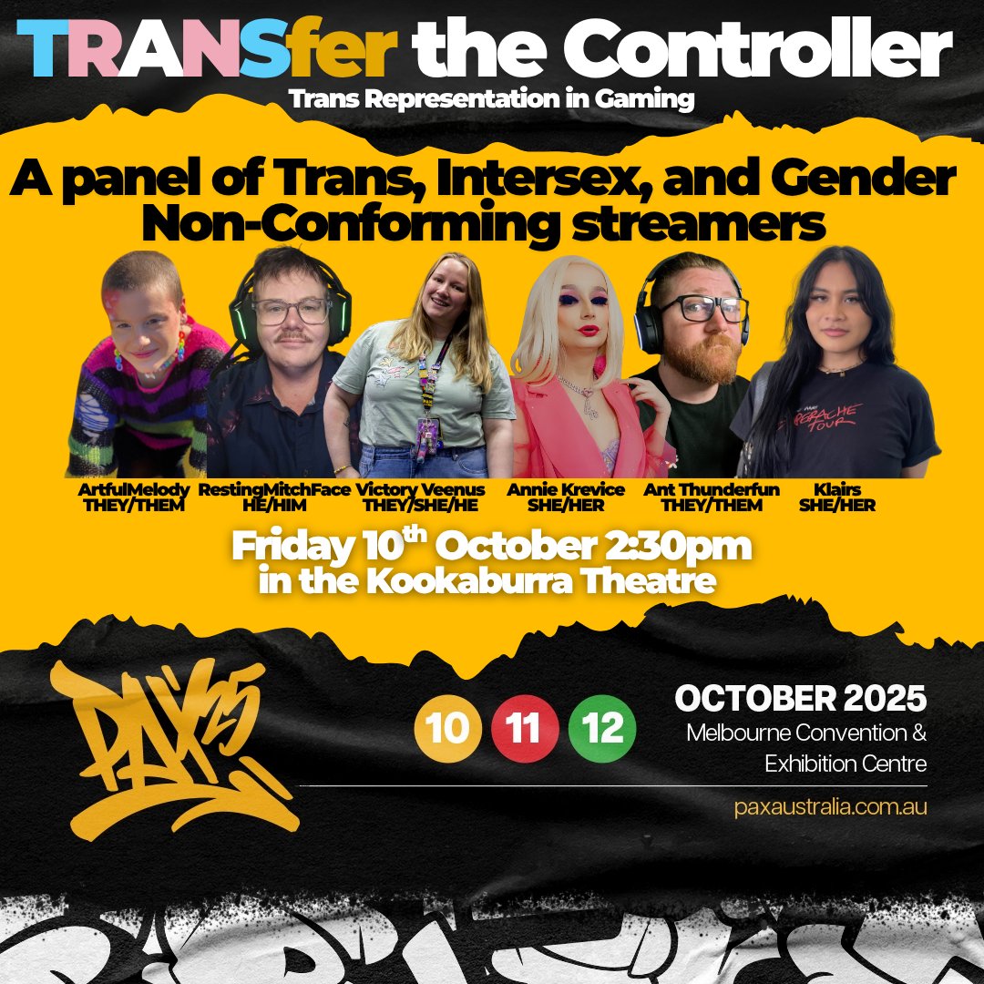 Annie Krevice (@anniekrevice) on Twitter photo So excited to announce TRANSfer the controller is returning to <a href="/PAXAus/">PAX Australia</a> this year, at the Kookaburra Theatre on Fri, 2.30pm alongside <a href="/veenusau/">Victory Venus 🔜 Pixel Expo</a> <a href="/kl4irs_v2/">Klairs 🏳️⚧️</a> <a href="/ant_thunderfun/">Ant Thunderfun</a> <a href="/Artfulmelody/">Artful 🫶</a> and <a href="/ManicMitch217/">RestingMitchFace</a> So excited to announce TRANSfer the controller is returning to <a href="/PAXAus/">PAX Australia</a> this year, at the Kookaburra Theatre on Fri, 2.30pm alongside <a href="/veenusau/">Victory Venus 🔜 Pixel Expo</a> <a href="/kl4irs_v2/">Klairs 🏳️⚧️</a> <a href="/ant_thunderfun/">Ant Thunderfun</a> <a href="/Artfulmelody/">Artful 🫶</a> and <a href="/ManicMitch217/">RestingMitchFace</a>