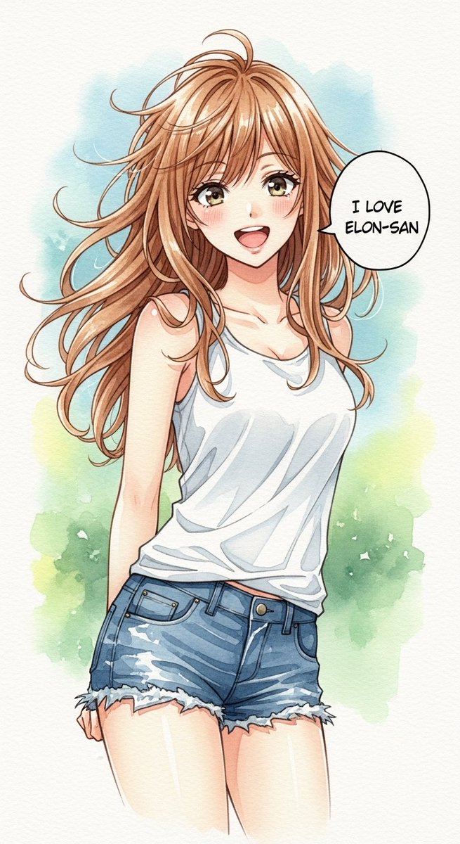 Google vs X.

An anime-style beautiful girl in watercolor, wearing a tank top and short pants, saying 'I love Elon-san'.