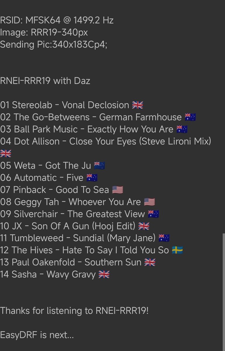RNEI-RRR #19 2025/08/10
UTC 2:00~3:00
Rio Grande Valley KiwiSDR
Text: 99% Image: 76% EasyDRF: 52%
<a href="/DazDude4000/">Daz Dude</a> <a href="/SWRadiogram/">Shortwave Radiogram</a>