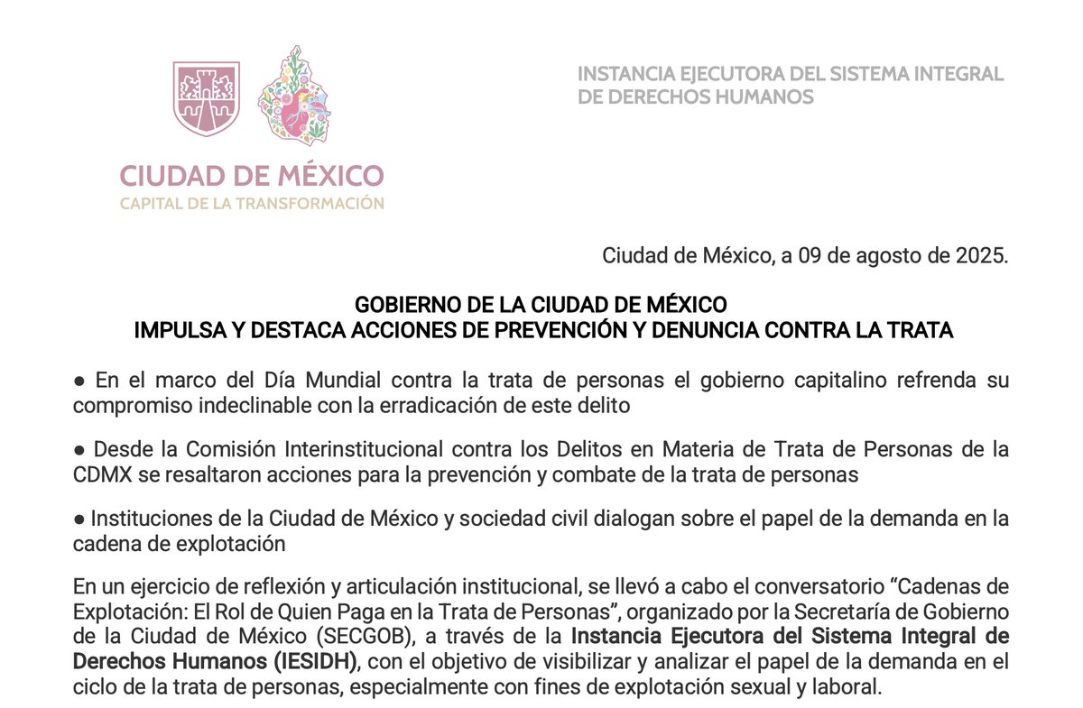 Sistema Integral de Derechos Humanos (@pdhcdmx) on Twitter photo #Entérate 📢 En el marco del #DíaMundialContraLaTrataDePersonas, el <a href="/GobCDMX/">Gobierno de la Ciudad de México</a> impulsa y destaca acciones de prevención y denuncia #ContraLaTrata
Consulta el #Boletín 📄 completo en:
sidh.cdmx.gob.mx/comunicacion/n…
#MéxicoContraLaTrata 🕊️ #Entérate 📢 En el marco del #DíaMundialContraLaTrataDePersonas, el <a href="/GobCDMX/">Gobierno de la Ciudad de México</a> impulsa y destaca acciones de prevención y denuncia #ContraLaTrata
Consulta el #Boletín 📄 completo en:
sidh.cdmx.gob.mx/comunicacion/n…
#MéxicoContraLaTrata 🕊️