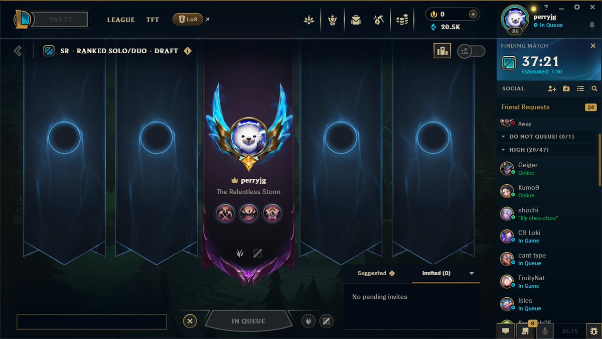 37 minutes in queue + 2 dodges is absolutely miserable.

I really hope this next season (in like 2 weeks, weird format) Riot addresses this problem because the game genuinely feels horrible to play when I sit in queue for this long.

Excited for all the changes, but we better see