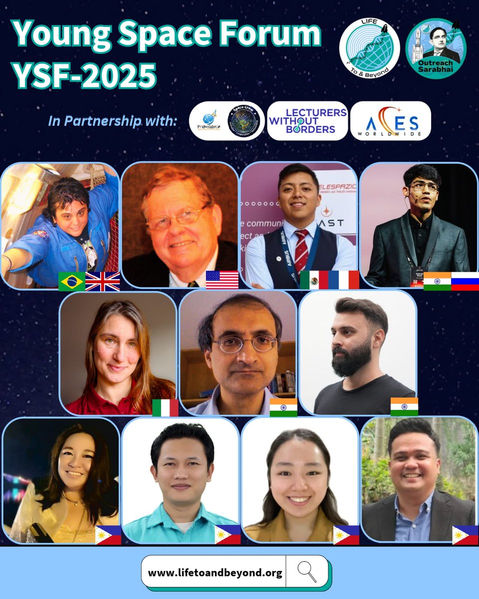 The YOUNG SPACE FORUM 2025 commences today and here's our amazing line of speakers and panellists for you all!

✅️ OUTREACH SARABHAI Initiative 🌌
🔗 Register Now: forms.gle/aHqYhJN47Sy1vj…

#Youth #Space #Astronomy #WorkingGroup #Professionals #PhilippineSpaceWeek