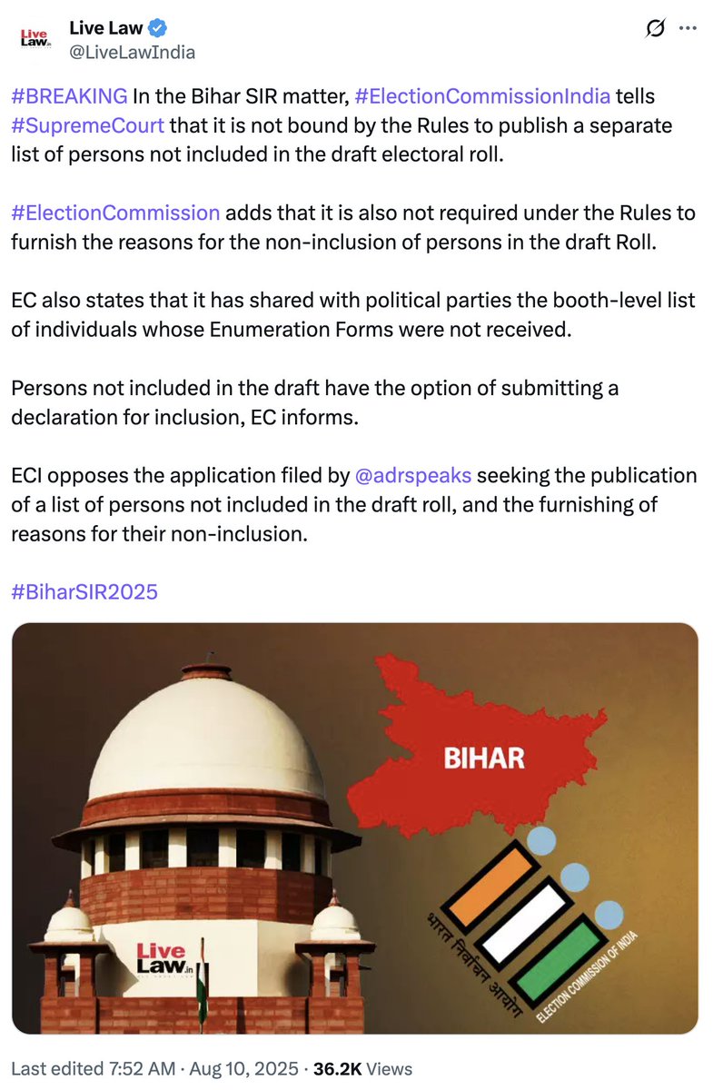 In other words, the ECI is saying:

1- We are non-transparent and will remain so.

2- It’s entirely up to us who gets to vote.

3-Reasons for exclusion? State secret, not your right.

4-Rules are flexible — for us, not for you.

5-The Supreme Court may listen, but we decide.