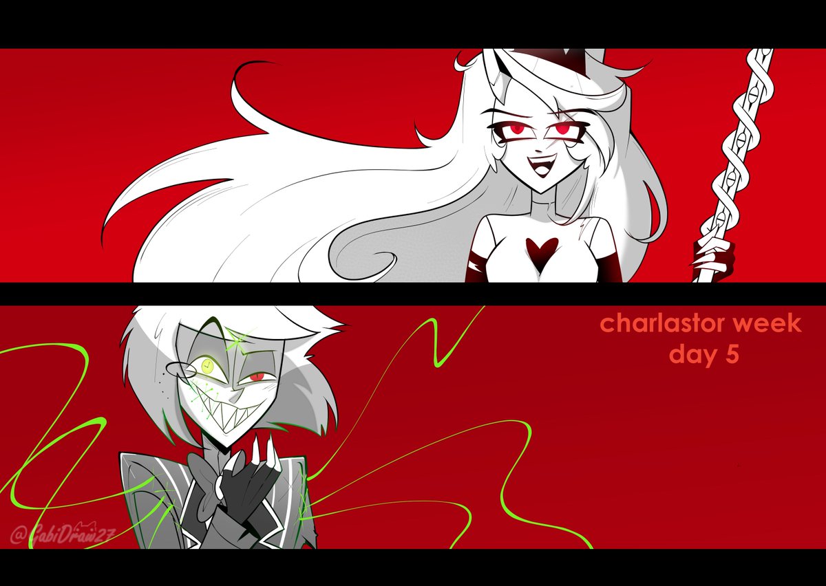 #charlastorweek2025 
Day 5: final battle🔥
I'd like to see this confrontation and a flirtation between these two, maybe I'll color it in at some point.
#charlastor #charlastor2025 #CharlieMorningstar  #AlastorHazbinHotel #Чарластоp #radiobelle  #CharlastorWeek #アラチャ