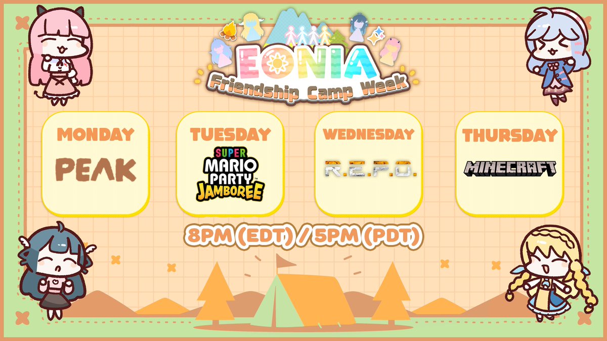 📢 EVENT ANNOUNCEMENT 🏕️

The EONIA Friendship Camp Week is HERE! ✨

EONIA is spending summer together to grow even closer! Get ready for a week of games, laughter, and maybe a little playful rivalry~ ⛱️☀️

📅 Begins on Monday until Thursday
⏰ 8PM (EDT) / 5PM (PDT)