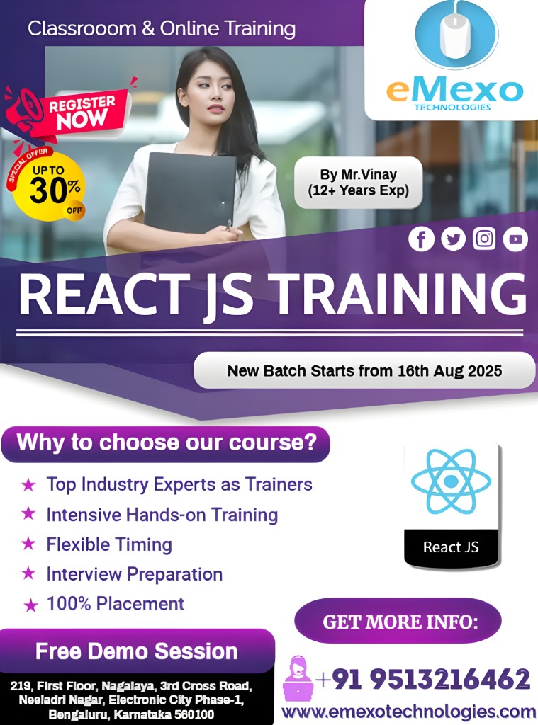 gokulemexo's tweet image. @everyone
React JS Training in Electronic City Bangalore – Build Dynamic Web Applications with eMexo Technologies.
Call: +91 9513216462
Visit: emexotechnologies.com/courses/react-…
Location: eMexo Technologies, Electronic City, Bangalore
#ReactJSTraining #FrontendDevelopment #JavaScript