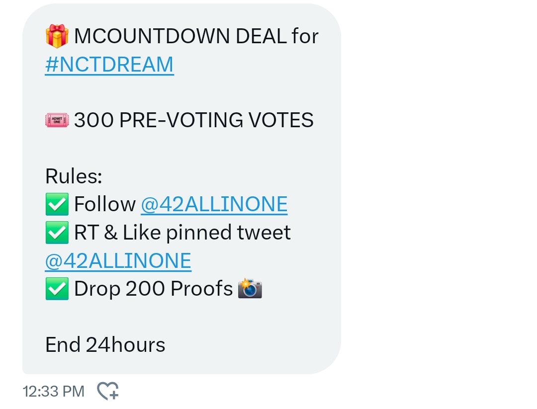 7DREAMVT_INA's tweet image. 🎁 MCOUNTDOWN DEAL for #NCTDREAM

🎟️ 300 PRE-VOTING VOTES

Rules:
✅ Follow @42ALLINONE
✅ RT &amp;amp; Like pinned tweet @42ALLINONE
✅ Drop 200 Proofs 📸

End 24hours
