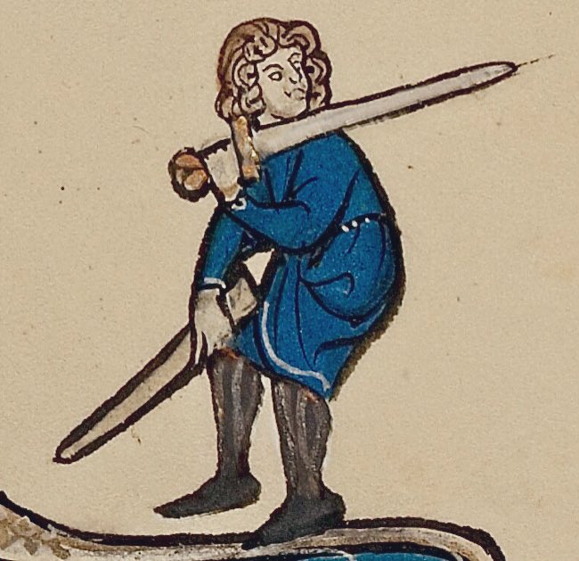 Dev’s dreams of looking like a hard-as-nails outlaw with his new sword were dashed the first time he unsheathed it, bashing his knee so hard that his eyes welled up    -   13th century, Getty Museum Collection, Ms. 46 (92. MK.92), f. 58v