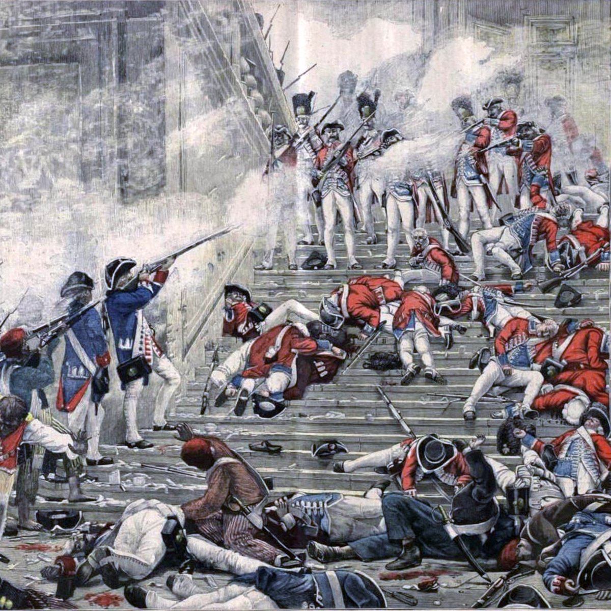Le 10 août 1792, une foule patibulaire à la solde de la Révolution maçonnique, envahit les Tuileries. Elle massacre les Gardes-Suisses, s'abandonne au cannibalisme, au sadisme et saccage le Palais.