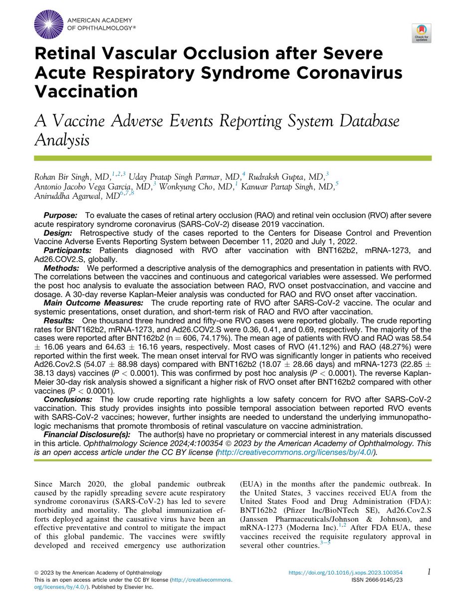 mRNAdeaths's tweet image. VAERS Safety concerns of  Retinal Vascular Occlusion after Coronavirus  Vaccination
"further insights are needed to understand the underlying immunopatho- logic mechanisms that promote thrombosis of retinal vasculature on vaccine administration."