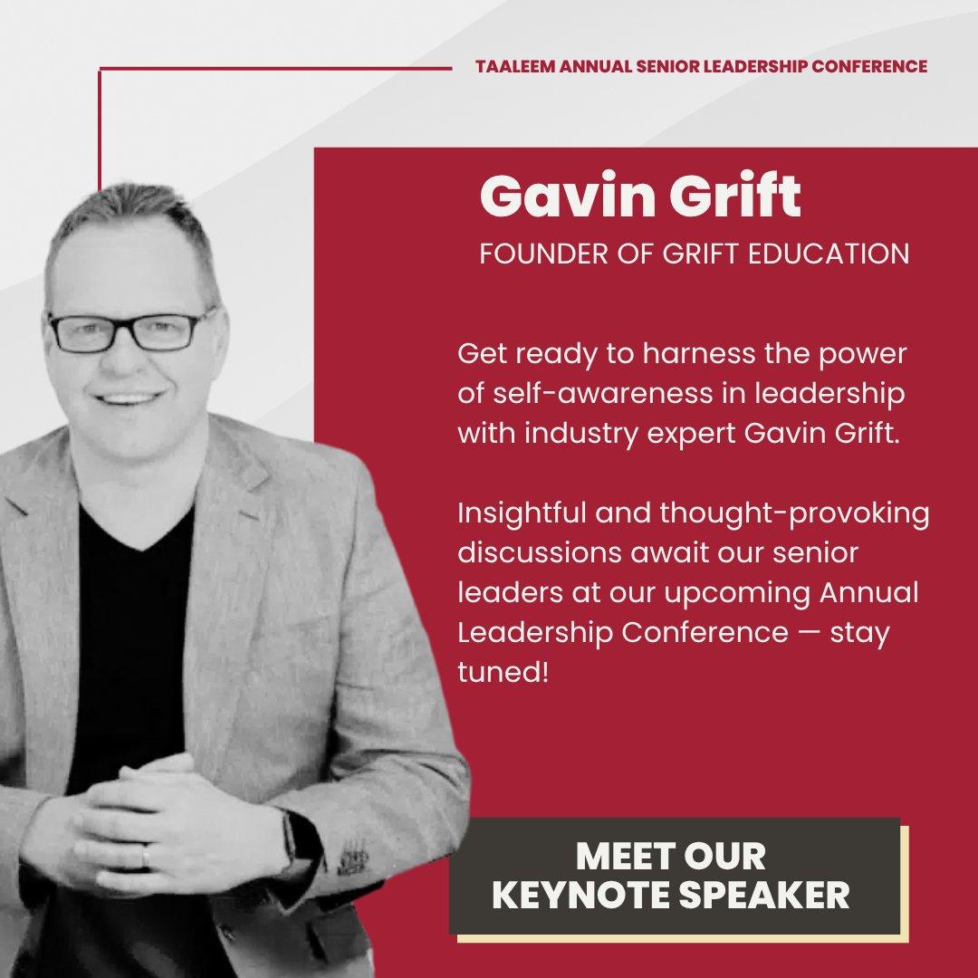 Just one day to go until the 5th Taaleem Annual Senior Leadership Conference!

This year, we are proud to host Gavin Grift, founder of Grift Education and esteemed keynote speaker. 
#EducationExcellence #ProudlyTaaleem #TogetherWeAreStronger #TeamTaaleem #InspiringYoungMinds
