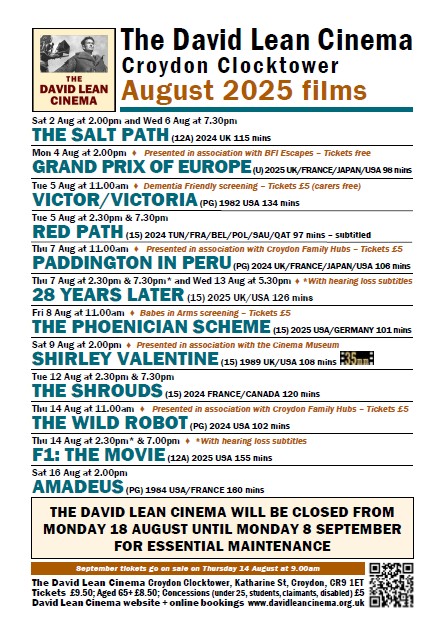 Purley BID (@inpurley) on Twitter photo The <a href="/Davidleancinema/">David Lean Cinema</a> is run for the community by the community, to preserve David Lean’s legacy in Croydon and build a lasting home for independent cinema.
Check out the films showing in August 2025.
See more at: purleybid.co.uk/2025/07/29/the… The <a href="/Davidleancinema/">David Lean Cinema</a> is run for the community by the community, to preserve David Lean’s legacy in Croydon and build a lasting home for independent cinema.
Check out the films showing in August 2025.
See more at: purleybid.co.uk/2025/07/29/the…