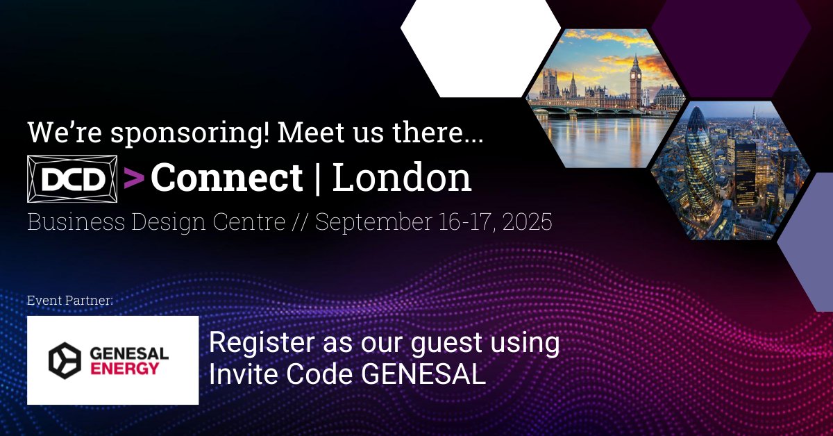 ¡Genesal Energy da un paso más en el sector de los data centers!
Participamos en DCD Connect Londres, uno de los eventos internacionales más destacados del sector.
📍Días: 16 y 17 de septiembre
📍Lugar: Business Design Centre, Londres
genesalenergy.com/dcdlondres25/