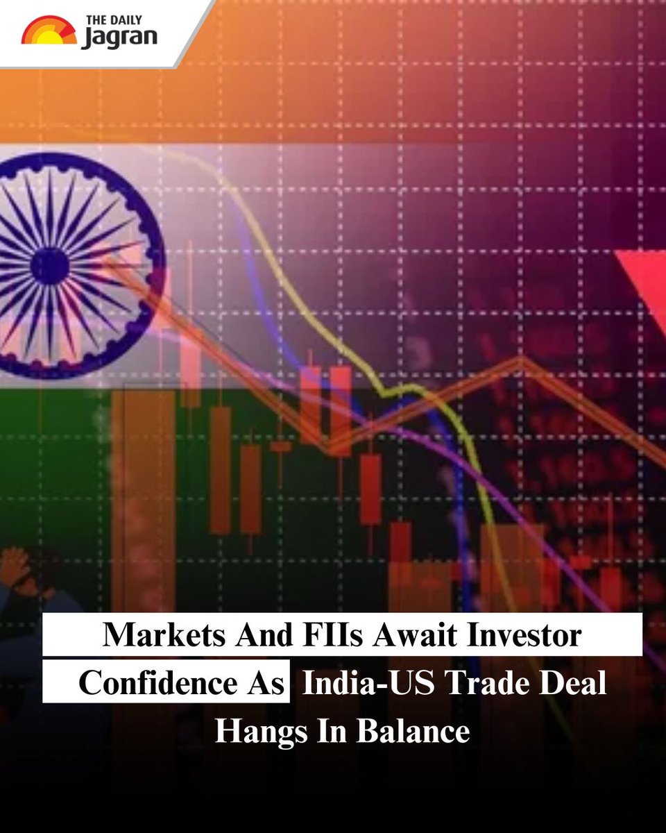 TheDailyJagran's tweet image. Indian benchmark indices Sensex and Nifty extended their decline for a fourth consecutive day, hit by ongoing uncertainty surrounding the India-US trade deal and persistent selling by foreign institutional investors. Global cues were mixed, with most Asian markets also trading…