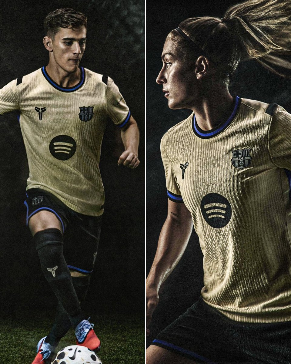 Barcelona drop their 2025/26 away kit inspired by Kobe Bryant's 'Mamba Mentality' 🤩
 
Bryant's Mamba logo replaces the Nike swoosh, with a snakeskin pattern woven into the shirt like reptilian armour 🐍