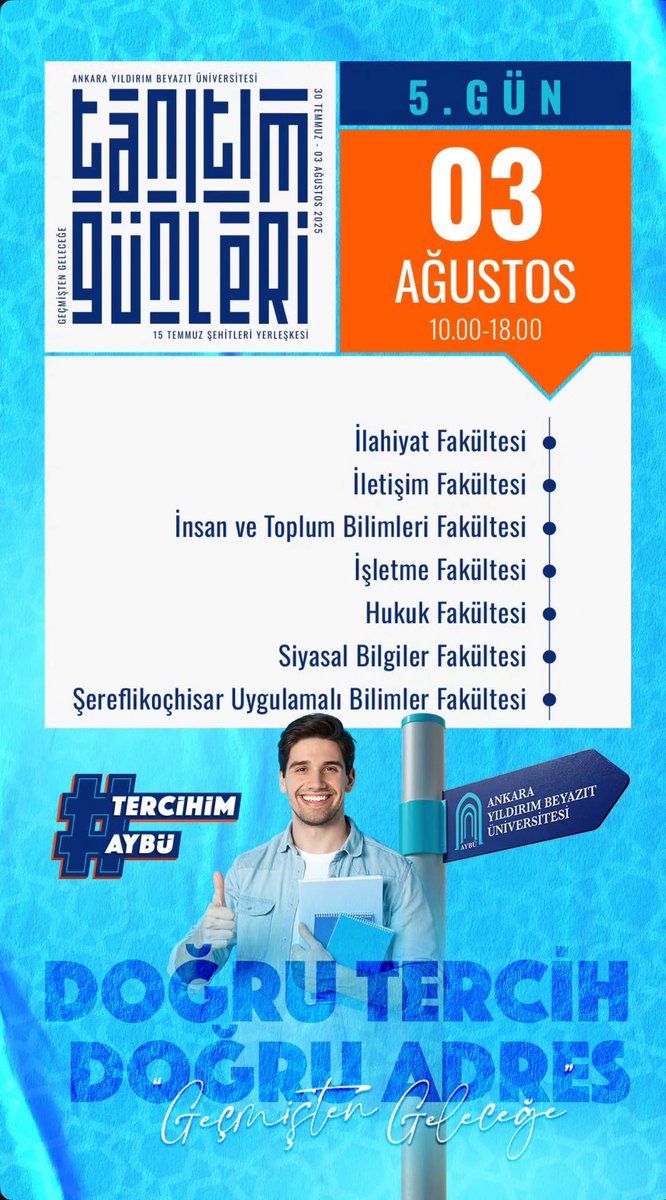 Bölüm başkan ve başkan yardımcılarının katılımıyla yapılacak olan tanıtım günlerine sizleri bekliyoruz. Neden AYBÜ İşletme Fakültesi ? sorusuna cevap bulmak için tanıtım günlerine uğramayı unutmayın. 

#yks2025 #TercihimAybü #tercih2025 #AybüİşletmeFakültesi