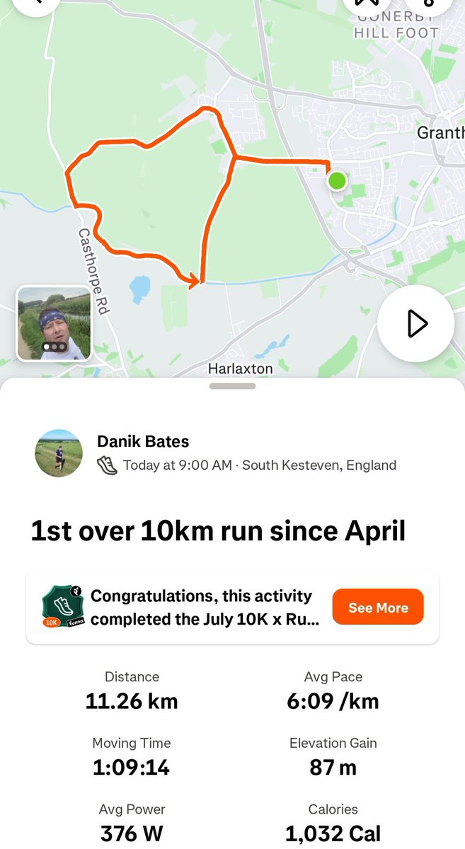 official_danik's tweet image. First run over 10km since April. Starting and finishing at Grantham Town FC, along the country lanes through Barrowby, Casthrope and Harlaxton plus 3km along the Grantham Canal. Great workout!