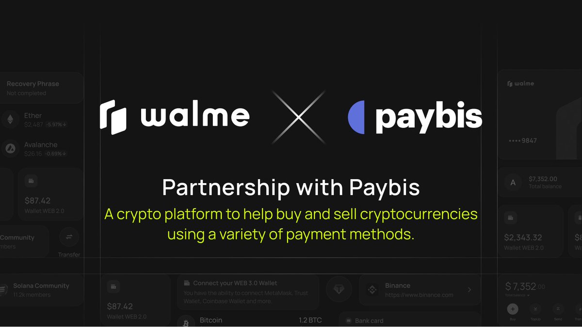 💸 Walme x <a href="/paybis/">Paybis</a> — a new partnership for seamless fiat-to-crypto conversion!

We’ve partnered with one of the industry leaders — Paybis.com — to bring the following features into the Walme app:

🔁 On-ramp, off-ramp, and crypto swap
Buy crypto with your card 💳