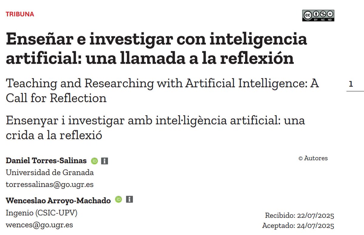 Daniel Torres-Salinas (@torressalinas) on Twitter photo Para tus lecturas de vacaciones
Hemos publicado este pequeño texto de opinión "Enseñar e investigar con inteligencia artificial: una llamada a la reflexión" en la revista BiD
🫳🏻bid.ub.edu/es/54/torres.h… Para tus lecturas de vacaciones
Hemos publicado este pequeño texto de opinión "Enseñar e investigar con inteligencia artificial: una llamada a la reflexión" en la revista BiD
🫳🏻bid.ub.edu/es/54/torres.h…
