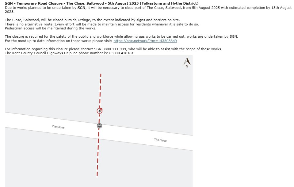 KentHighways's tweet image. Saltwood, The Close: Road closed 5th - 13th August to allow for @SGNgas gas works: moorl.uk/?5fj127