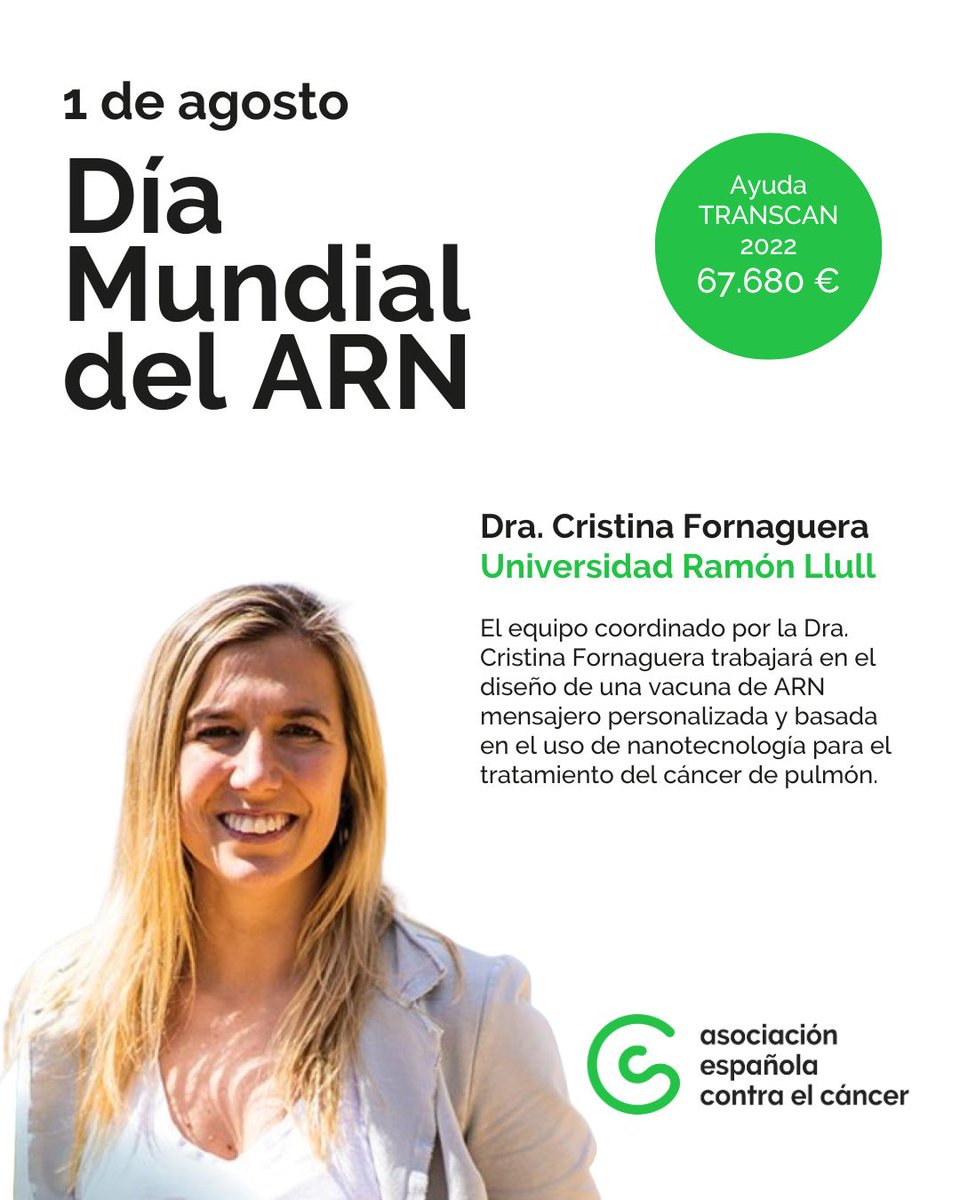 #DíaMundialdelARN
La Dra. Cristina Fornaguera, <a href="/CFornagueraP/">Cristina Fornaguera</a> <a href="/IQSbarcelona/">IQS Barcelona</a> , trabaja, con una  ayuda de <a href="/contracancerES/">Asociación Española Contra el Cáncer</a>, en un proyecto internacional que investiga una vacuna de #ARN  para el tratamiento del cáncer de pulmón. 
👇 contraelcancer.es/es/investigaci…  #DíaMundialdelARN