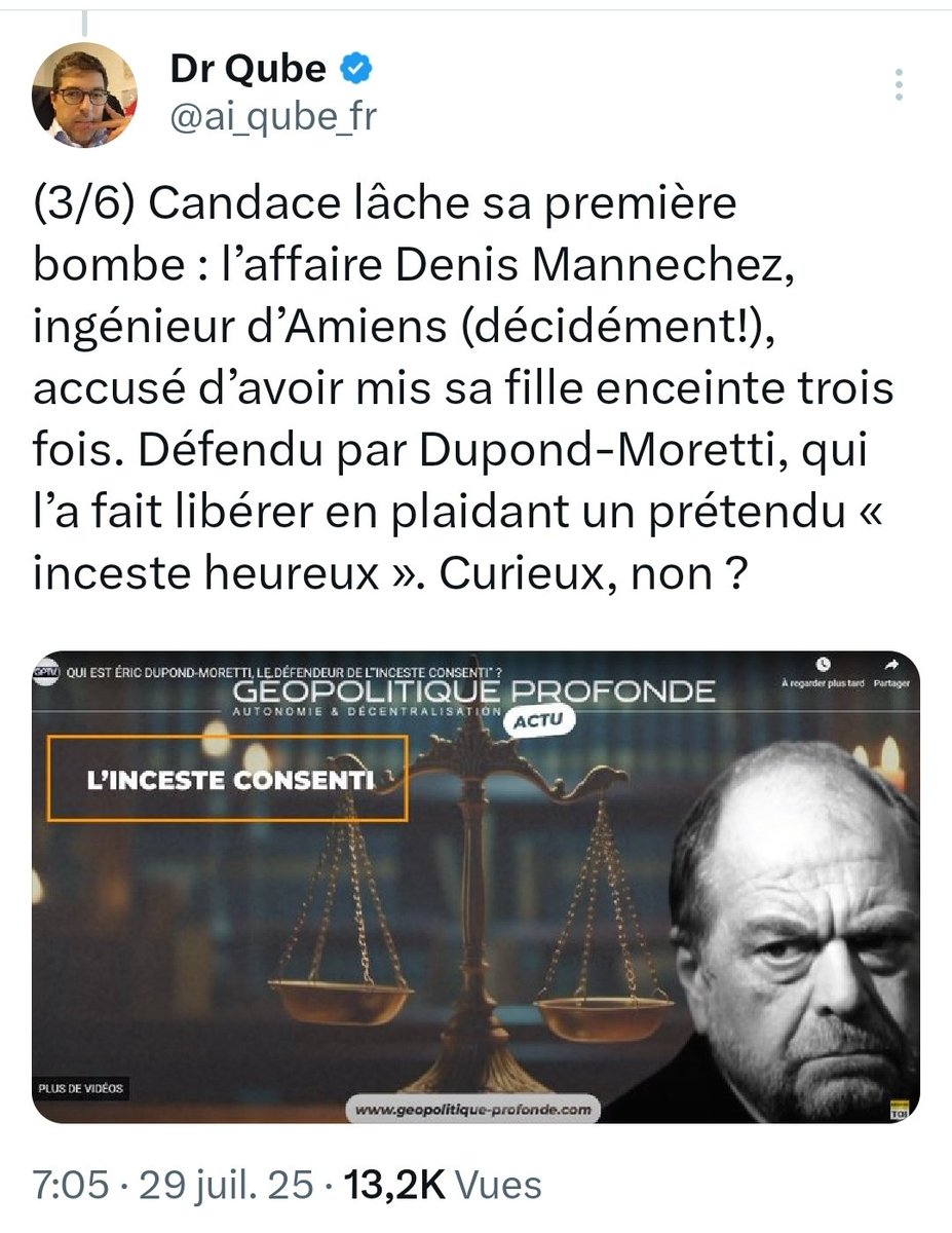 #pédophilie  #dupontmoretti 
ARCHIVE affaire Mannechez

CELA FAIT FROID DANS LE DOS 😡
« Les avocats nous ont convaincues d’affirmer que nous étions demandeuses de relations sexuelles avec notre père » 

C'est le père VIOLEUR .. défendu par Maître Hubert Delarue, qui choisit