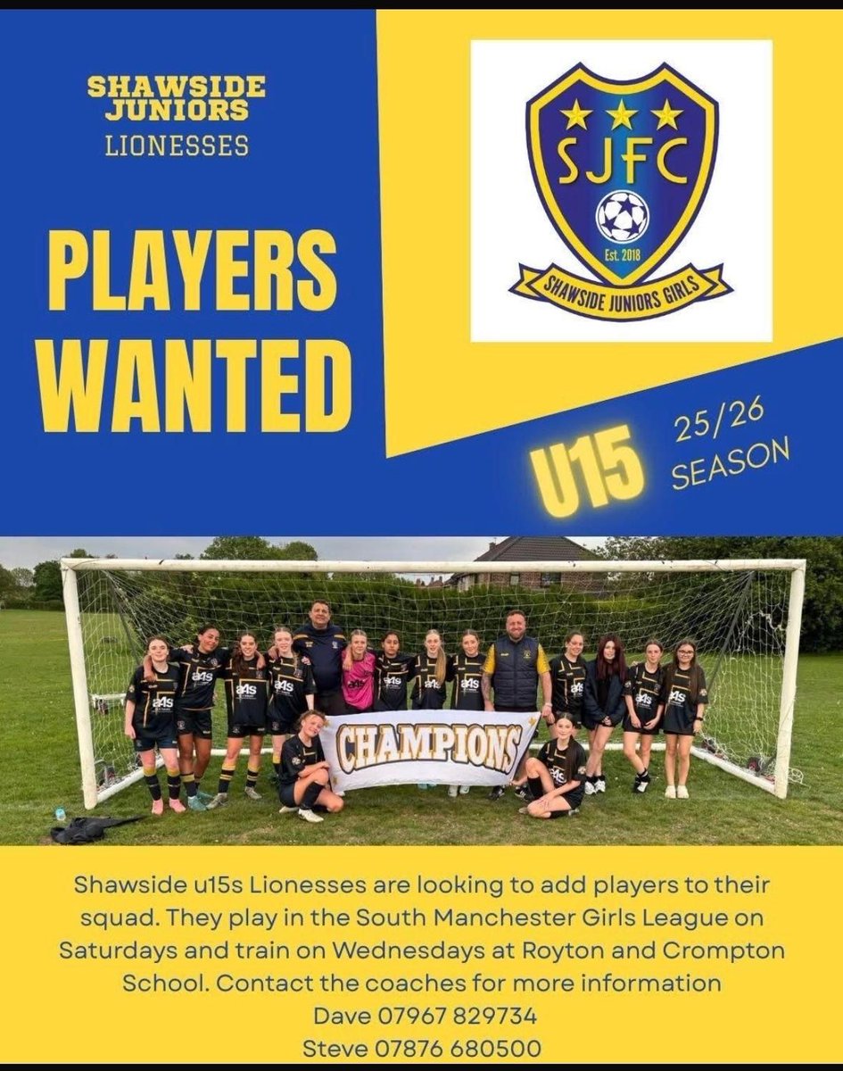 ⚽Join the Shawside Juniors #Lionesses Under 15s Football Team! ⚽ Are you ready to take your #football skills to the next level? Shawside Juniors Under 15s girls football team is on the lookout for new players. Call coach Dave on 07967 829 734 or Steve on 07876 680 500 for info.