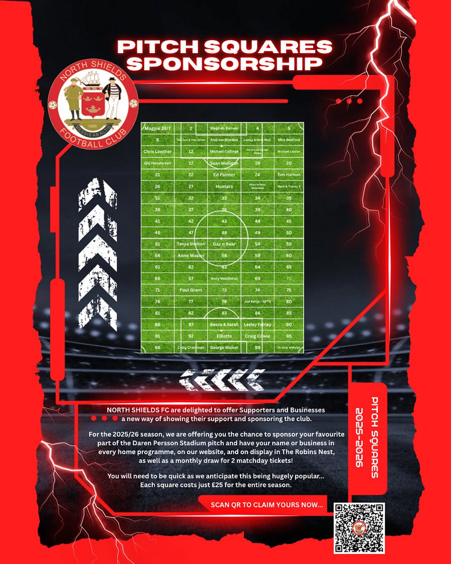 NorthShieldsFC's tweet image. Sponsor a square of the Daren Persson Stadium pitch for just £25 this 2025/26 season! 🔴⚪

Get your name in:
✅ Every home programme
✅ Our official website
✅ The Robins Nest
🎟️ + Monthly draw for 2 matchday tickets!

Be quick – limited spaces! 👇
buff.ly/8wavZsV