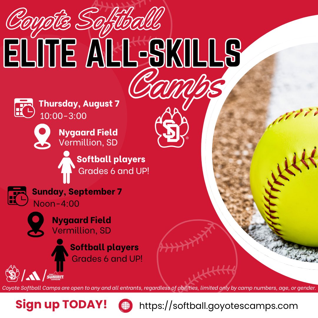 Inching closer 📏 
 
Our end of summer and fall Elite All-Skills Camps are filling up quickly!!! 
 
Check out more information and get yourself registered today: softball.goyotescamps.com

#GoYotes x #WeAreSouthDakota