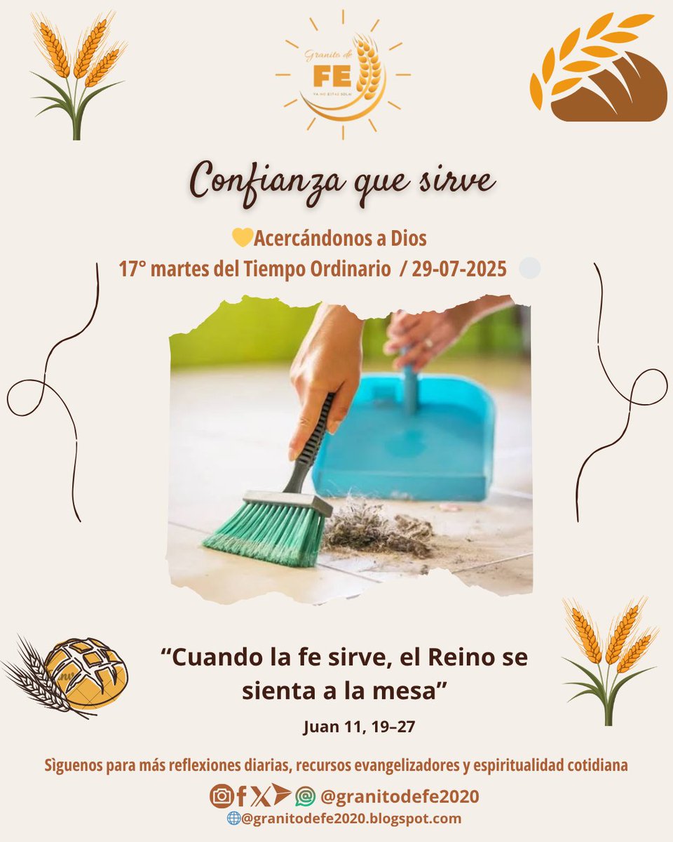 granitodefe2020's tweet photo. 🧺 29 de julio | Confianza que sirve  
Marta cree sirviendo. En lo cotidiano, su fe prepara mesa al Reino.  
🌱 “Cuando la fe sirve, el Reino se sienta a la mesa.”  
📲 @granitodefe2020  

#SantaMarta #GranitoDeFe #FeCotidiana #ConfianzaQueSirve #YaNoEstásSola https://t.co/o099BRIXQM