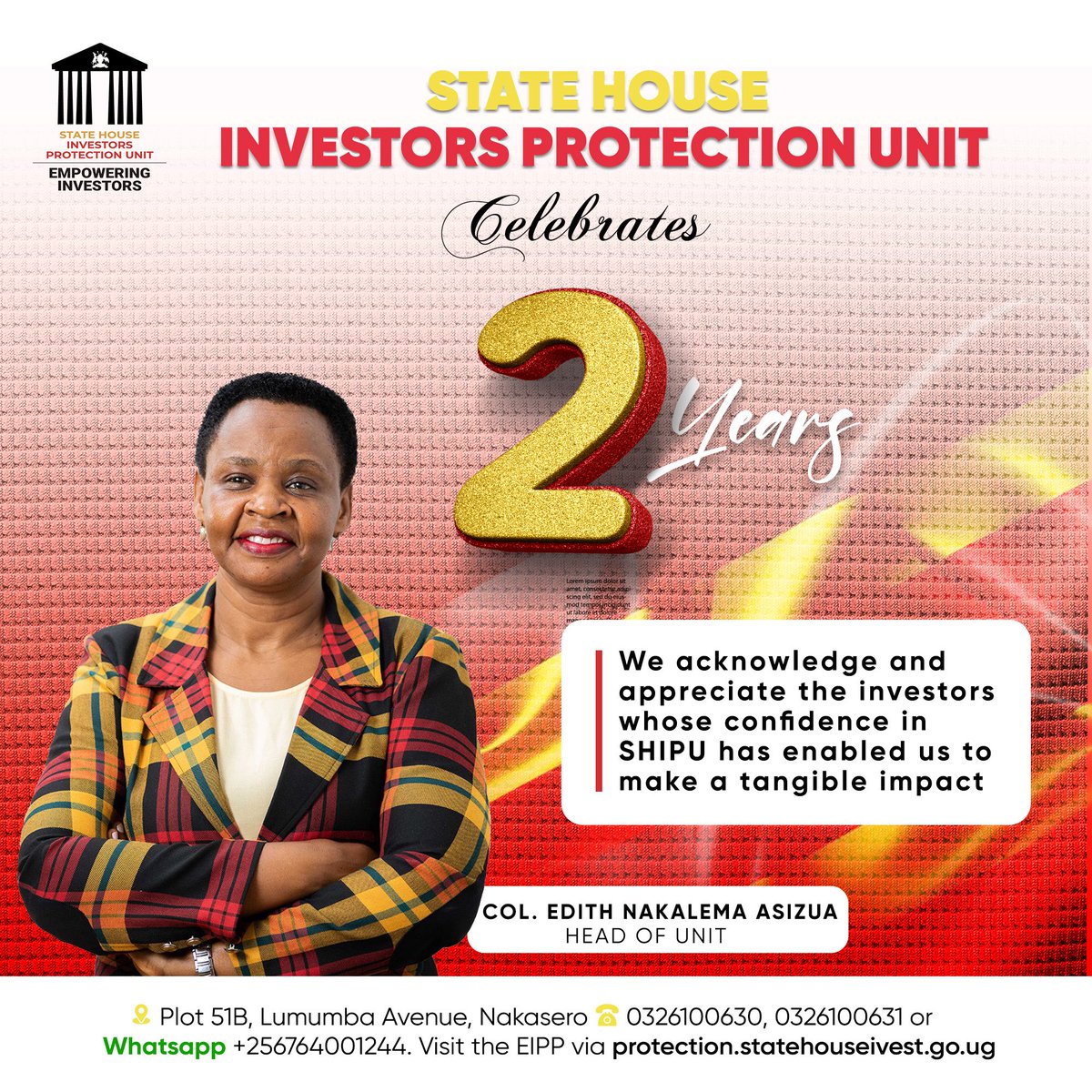 MusiRoberts's tweet image. SHIPU management is deeply grateful to H.E. The President @KagutaMuseveni for his steadfast support, visionary leadership, and continued commitment to creating a safe and enabling environment for investors.
#2YearsofService
Col. @edthnaka
#EmppweringInvestors