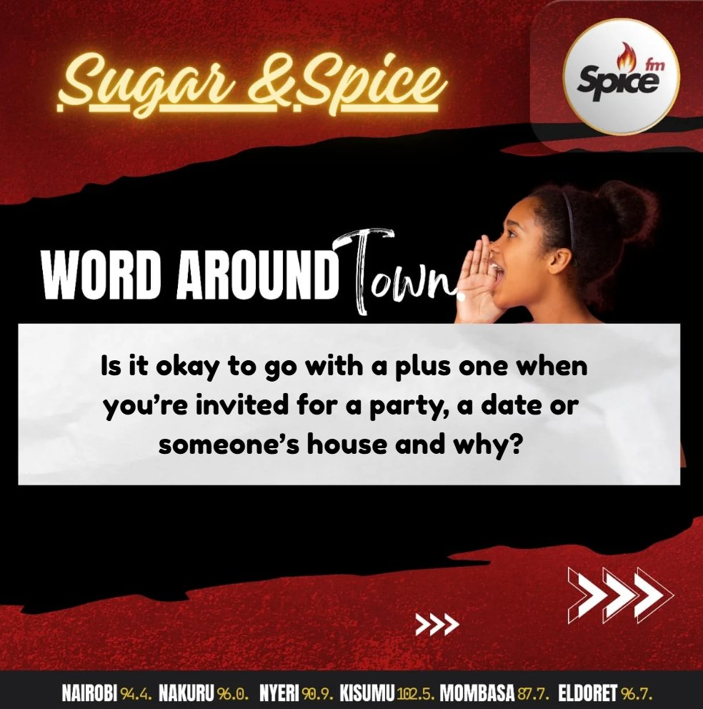 SpiceFM (@spicefmke) on Twitter photo The message says, 'Come through' but do they mean just you? Showing up with someone, bold move or social misstep?
#SugarandSpice #SpiceFM #WordAroundTown
Host:<a href="/yolandamulwa/">Yolanda mulwa</a>
Producer: <a href="/LinetWambura1/">Linet Wambura</a>
Digital: <a href="/RuthMatindi/">Miss Matindi🇰🇪🌹</a>
Listen Live: radio.garden/listen/spice-f The message says, 'Come through' but do they mean just you? Showing up with someone, bold move or social misstep?
#SugarandSpice #SpiceFM #WordAroundTown
Host:<a href="/yolandamulwa/">Yolanda mulwa</a>
Producer: <a href="/LinetWambura1/">Linet Wambura</a>
Digital: <a href="/RuthMatindi/">Miss Matindi🇰🇪🌹</a>
Listen Live: radio.garden/listen/spice-f