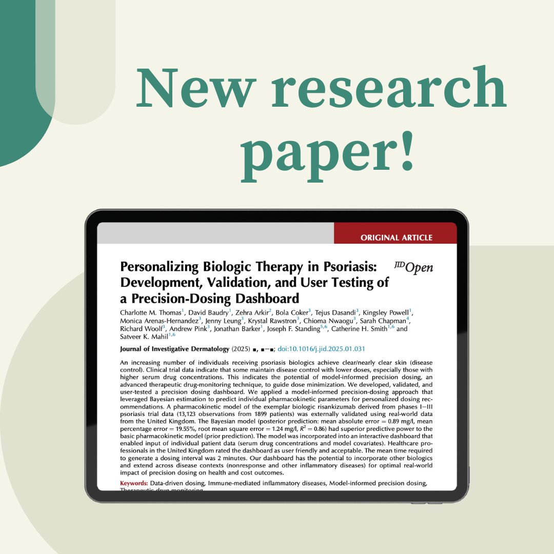 myskinstudy's tweet image. Can we personalise drug dosing for psoriasis? A lay summary for our latest research paper is now available on the St John’s website!🌟

Check out the full summary here: stjohnsresearch.org/personalising-…📲

#psoriasis #psoriasisresearch #skinhealth #skinresearch #dermatology