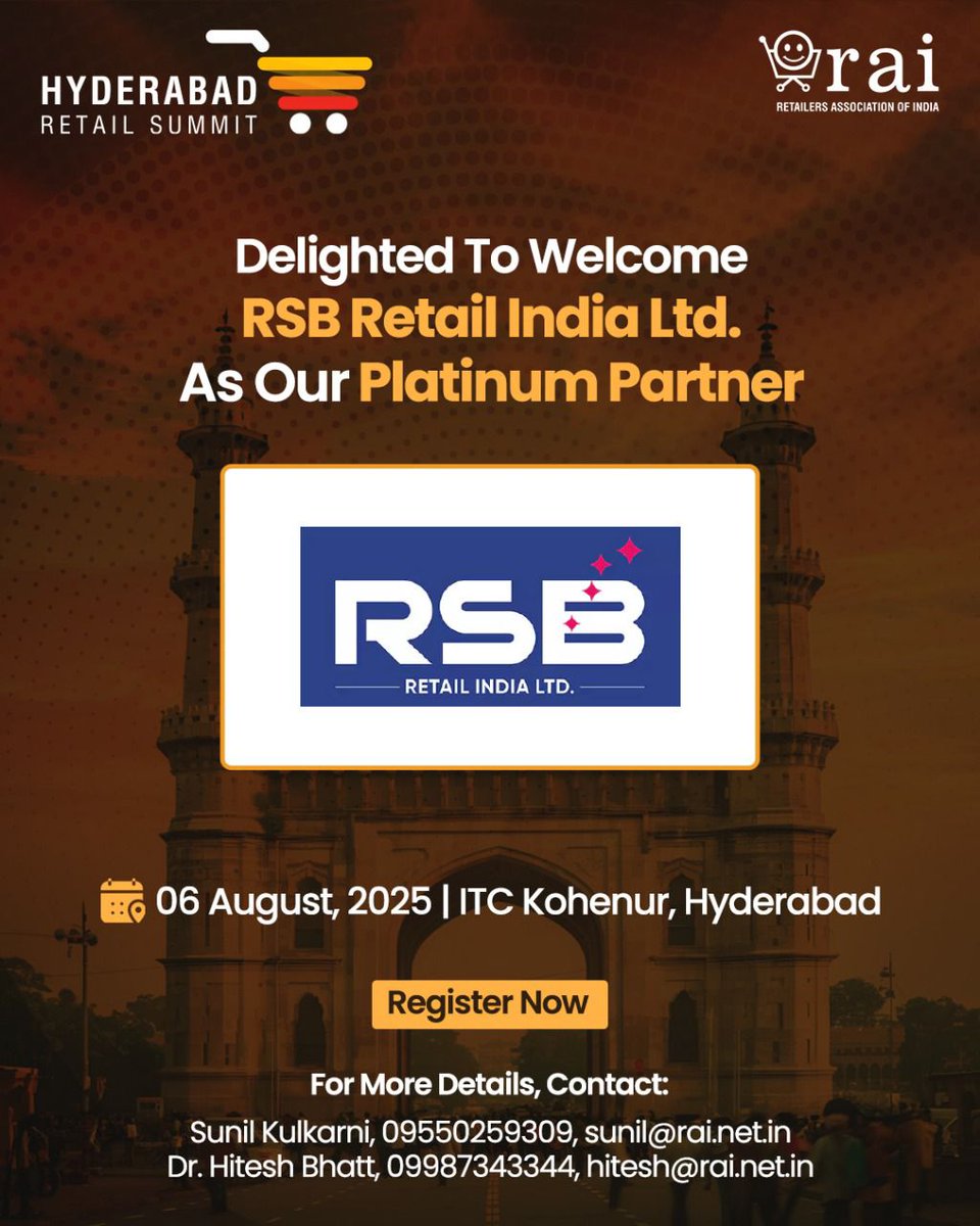We’re proud to welcome RSB Retail India Ltd. as our Platinum Partner at the Hyderabad Retail Summit 2025!

From humble beginnings in 1993 to over 74 showrooms across South India, RSB Retail has become a trusted name behind iconic brands like
1. RS BROTEHRS
2. ⁠SOUTH INDIA