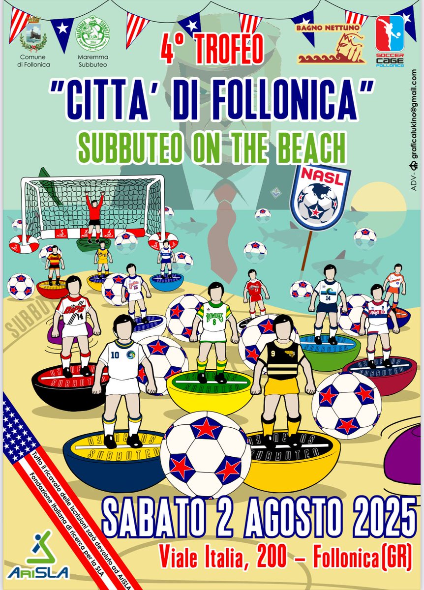 ☀️ A Follonica torna il subbuteo sulla spiaggia per sostenere la #ricerca #SLA: sabato 2 agosto appuntamento con il 4° Trofeo ‘Città di Follonica’ promosso dall’Associazione @maremmasubbuteo.
Grazie a tutti per il prezioso supporto!
Leggi la news -&gt; arisla.org/il-subbuteo-in…