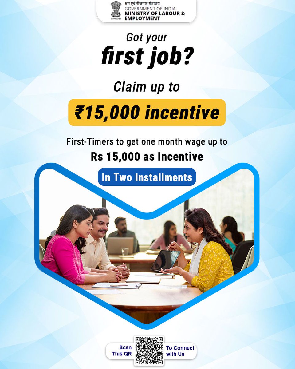 🎉 Got your first job? Here’s a Reward!
Under the Pradhan Mantri Viksit Bharat Rozgar Yojana, first-time job holders can claim up to ₹15,000 as an incentive, disbursed in two easy installments.

#PMViksitBharatRozgarYojana
#FirstJob #Incentive #MoLE