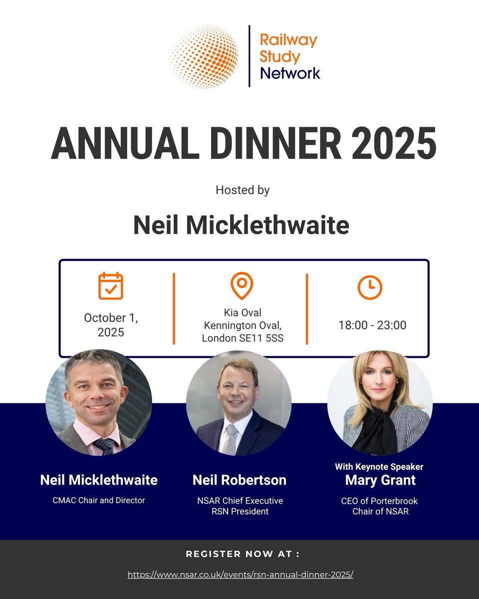 📌 Railway Study Network are hosting their Annual Dinner this October, and you're invited!

Join us for an evening of celebration and insightful conversation.

🔗Book your now: ow.ly/O1IJ50WuJO0

Date: 1st October 2025
Time: 6:00 - 11:00 pm
Location: Kia Oval, SE11 5SS