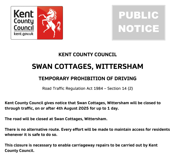 KentHighways's tweet image. Wittersham, Swan Cottages. Road closed on 4th August for 1 day for carriageway works.