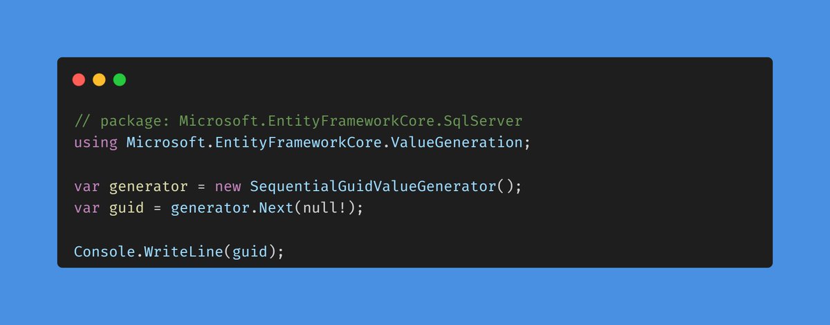 marcominerva's tweet image. SQL Server uses a non-standard sort order for GUIDs that isn&apos;t lexicographical. So even Guid.CreateVersion7() won&apos;t help produce sequential GUIDs for SQL Server on the client side. With Entity Framework Core, use SequentialGuidValueGenerator instead. #dotnet #efcore