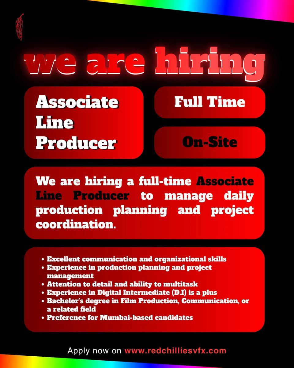 color_rcvfx's tweet photo. We’re hiring!
Redchillies.color is looking for a full-time Associate Line Producer to join our on-site team.
📍Mumbai preferred
🌐 https://t.co/zIveeVocob
➖
#RedchilliesColor 
#RCHiring 🌶️
#LineProducer 
#VFXCareers https://t.co/49JIl5XdQB