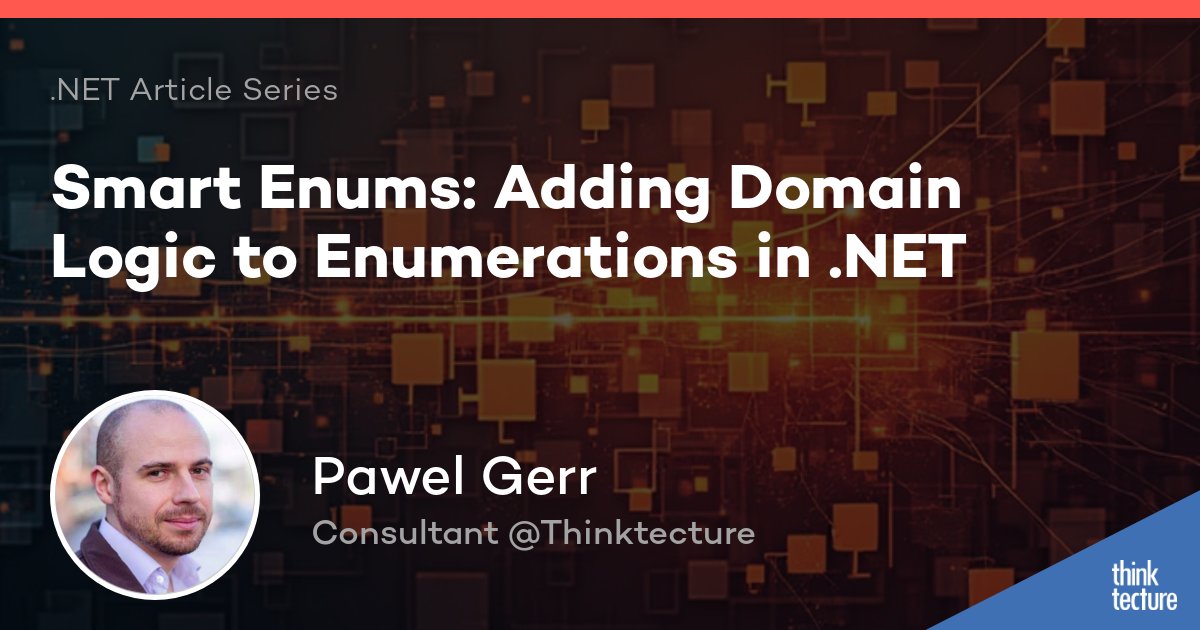 thinktecture's tweet image. 🚨 New article out now: “Smart Enums: Adding Domain Logic to Enumerations in .NET” by @PawelGerr!
Discover how to enhance enums with domain logic, tackle .NET challenges, and see pattern matching in action.
Read here: lnk.thinktecture.cloud/SE_2
#dotnet #csharp #SmartEnums…