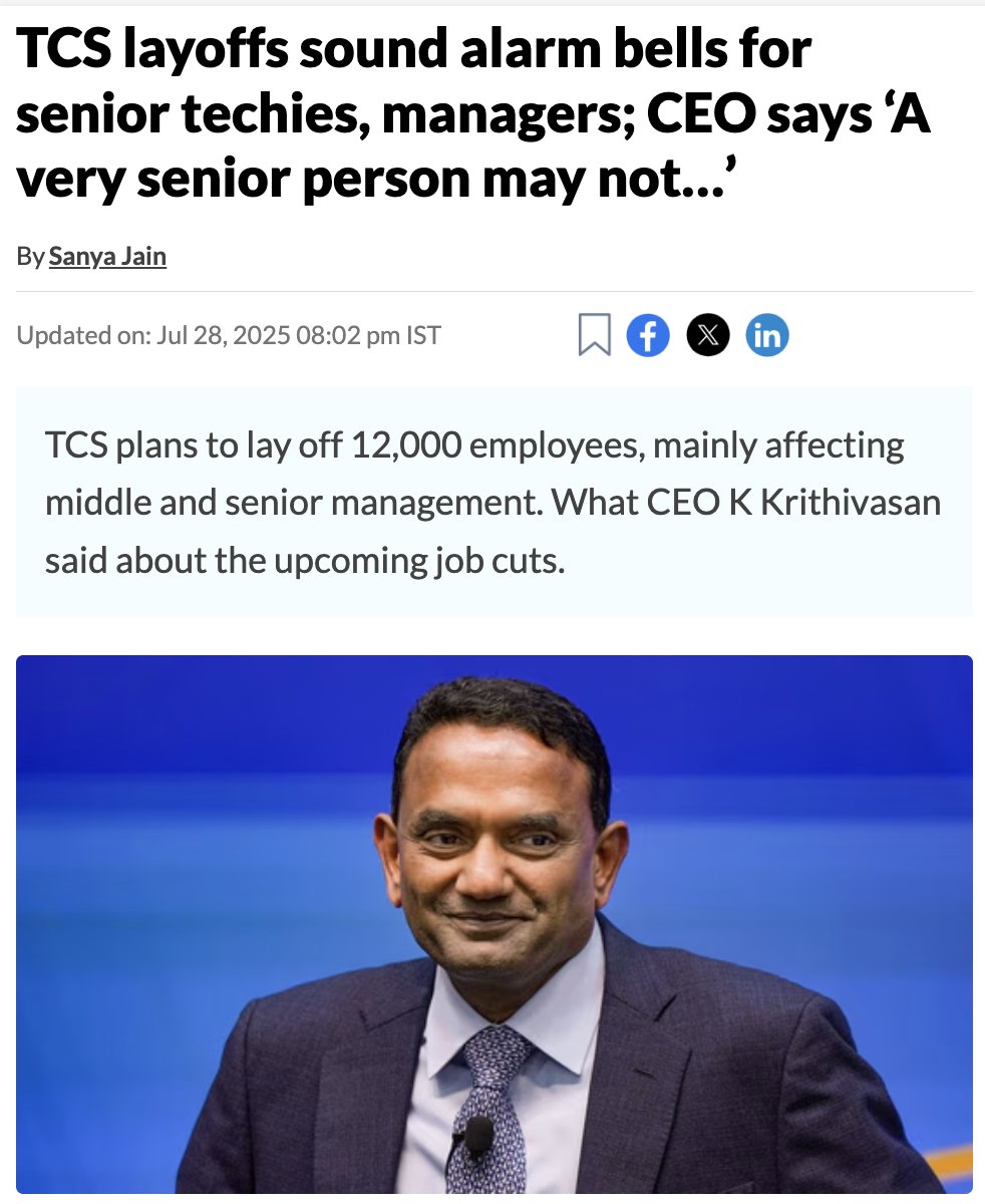 PoojaUniyall's tweet image. TCS CEO K Krithivasan says the 12,000 layoffs aren’t because of AI.
But the real reason? “Skill mismatch”
Mostly mid/senior staff are unable to transition to new tech and agile models.
And what’s driving that shift? AI.
So, AI didn’t take their jobs. It just changed them.