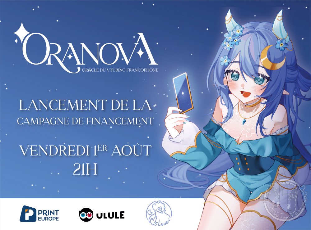 ✨ Plus que quelques jours avant le lancement de la campagne de financement de Oranova, oracle du vtubing francophone ✨

Vendredi 1er août à 21h 👀

Partagez en masse le lien du Ulule : ulule.com/oranova/

#vtuberfr #vtuber